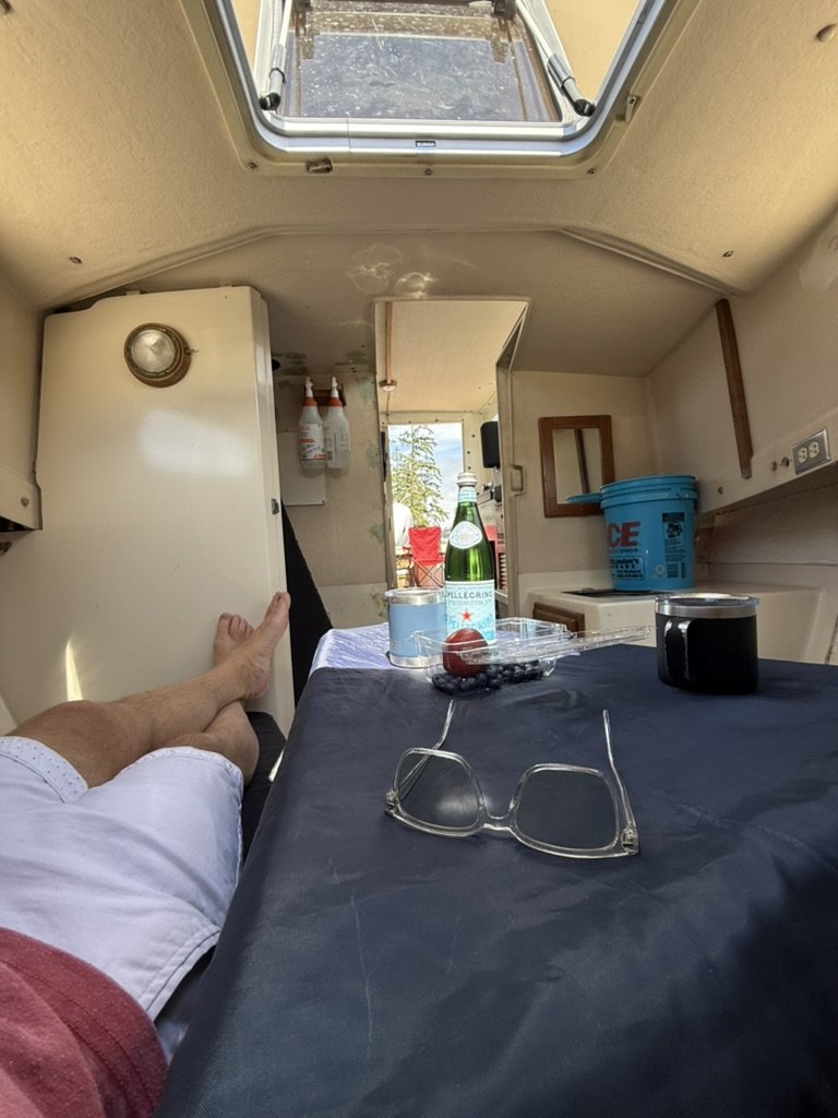 Feet up in the cabin, at rest