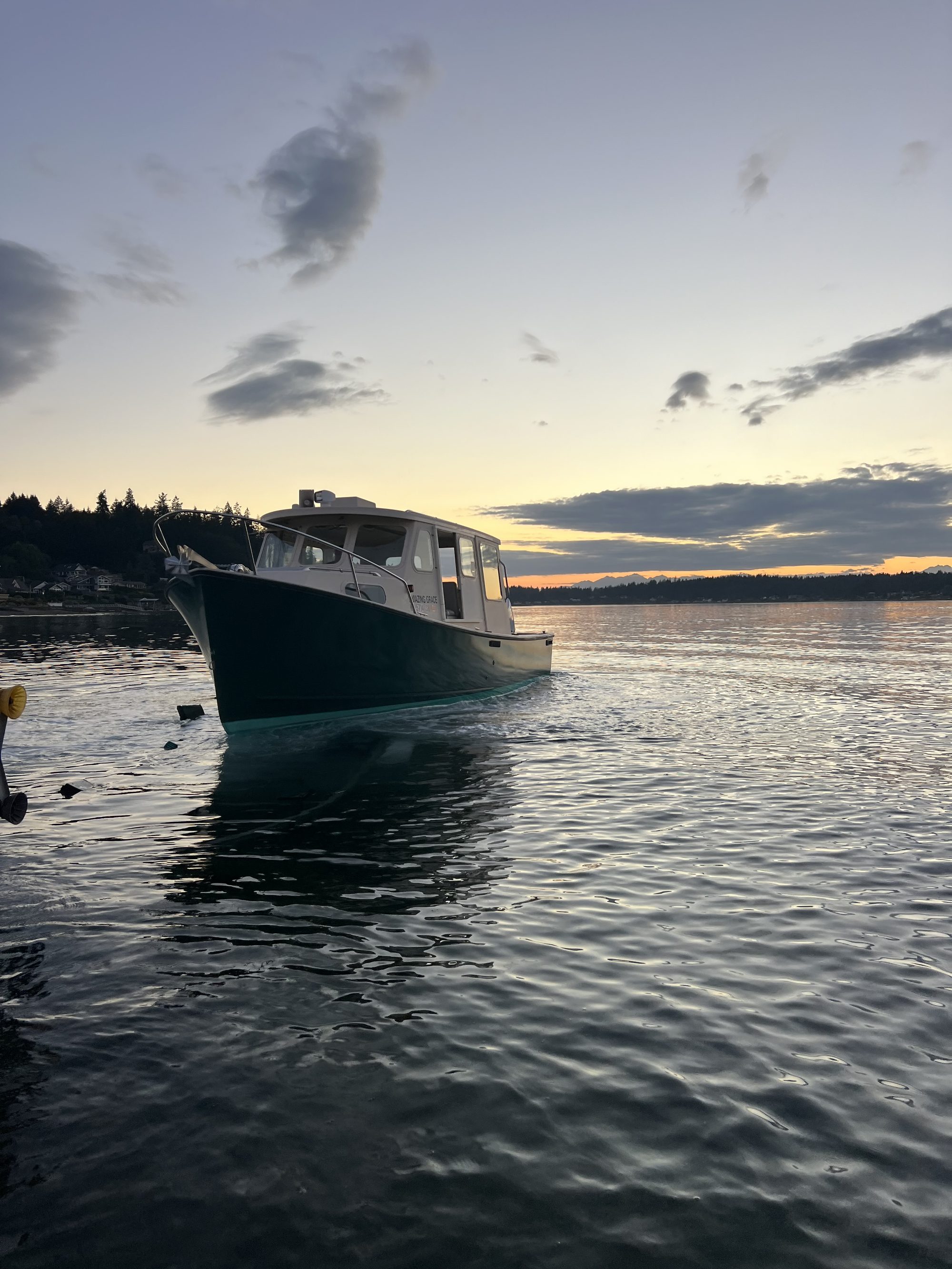 Amazing Grace at anchor at sunset in the Salish Sea